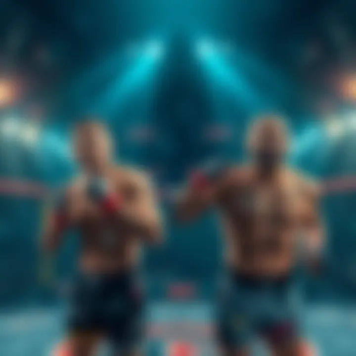 Two fighters in an octagon preparing for a match at UFC 328, with a focus on their intense expressions and fighting stances.