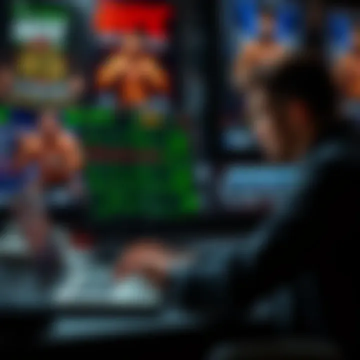 UFC betting scene A bettor analyzing UFC odds and statistics on a laptop with UFC fight posters in the background.