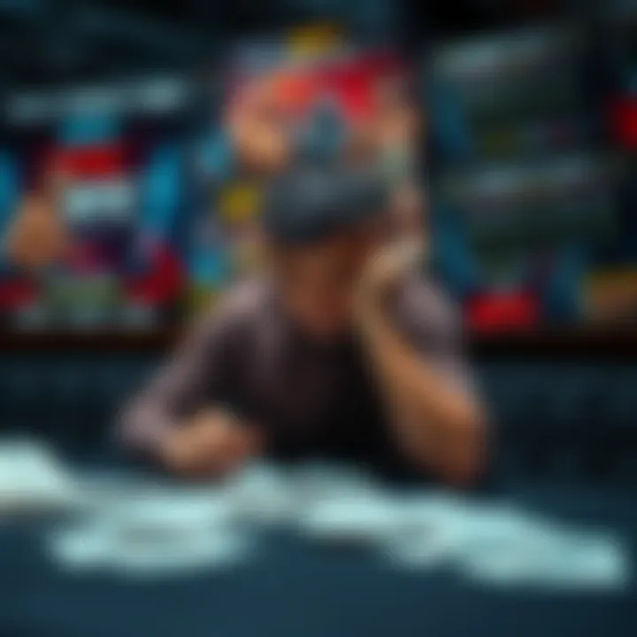 A person sitting at a table with betting slips looking worried and contemplative, with UFC fight posters in the background