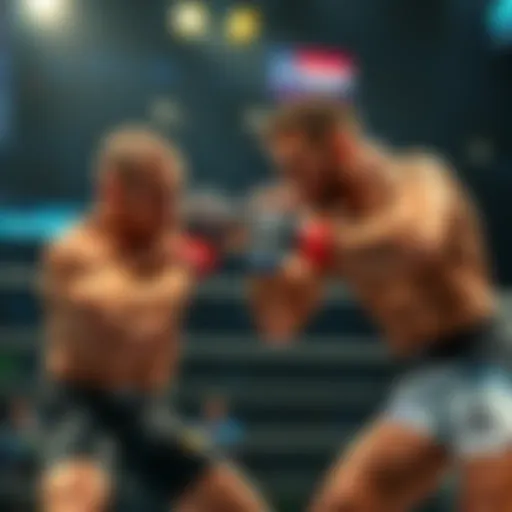 Two UFC fighters clashing in the Octagon during a match, showcasing their skills with striking and grappling techniques.