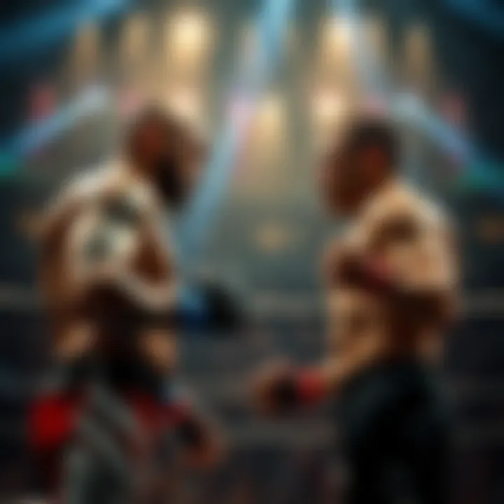 Two UFC fighters facing off in the octagon during UFC 322, showcasing a tense moment between them and the audience watching closely.