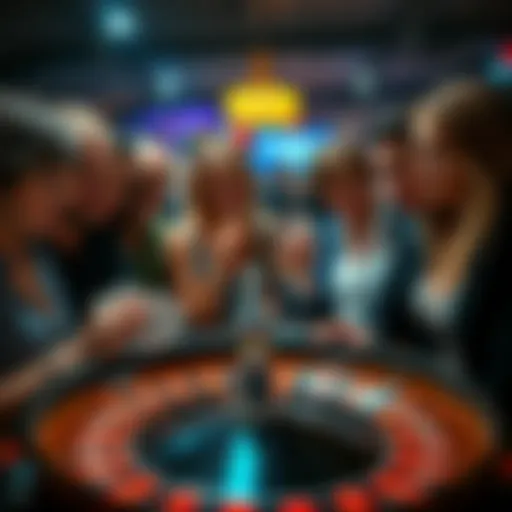 A group of people looking at playing cards and a roulette wheel, showcasing gambling activity in a social setting.