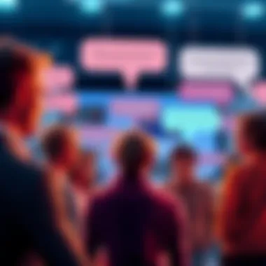 A group of people discussing on a digital forum representing UK members, with chat bubbles indicating diverse opinions and frustrations about sockpuppet accounts.