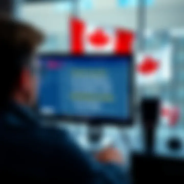 A person looking at a computer screen displaying information about the UK referral scheme for international players, with flags representing different countries like Canada, in the background.