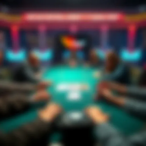 A poker table showing players strategizing their bets after the dealer reveals the first flop card in Ultimate Holdem.