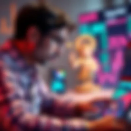 A person analyzing financial data with focus on INR deposits and a figure representing Balaram in the background.