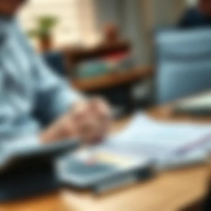 A person reviewing financial documents and calculating bonuses at a desk with a calculator and notepad.