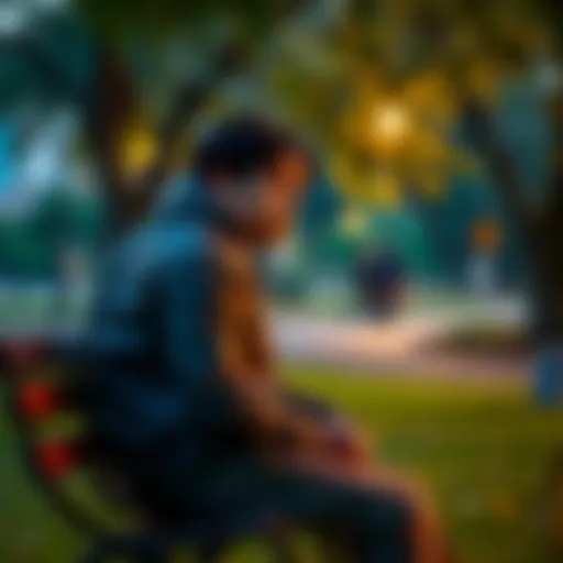 A person sitting on a park bench, looking thoughtful and surprised by a sudden change in their life, surrounded by nature.