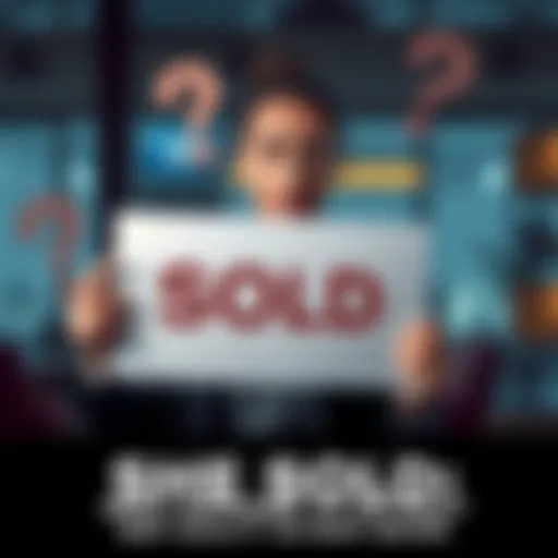 A person holding a sold sign with a confused look, surrounded by question marks, depicting uncertainty about a recent sale.
