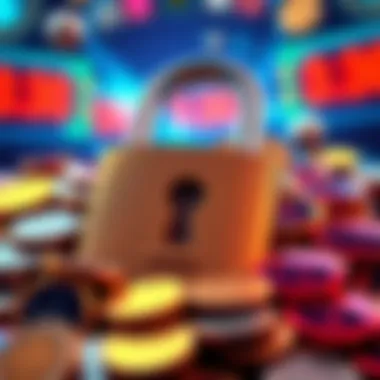 Unique lock for gaming rewards A close-up view of an intriguing lock that symbolizes potential rewards in gaming and investments, surrounded by coins and gaming tokens.