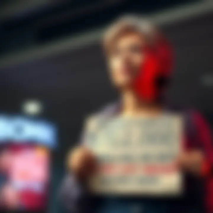 Urgent plea for financial help A person holding a sign asking for $72,000 to pay off debts, looking hopeful and concerned