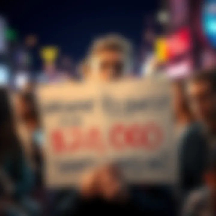 A person looking worried while holding a sign asking for financial help, surrounded by a concerned crowd.