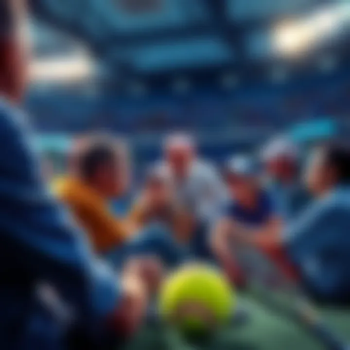 US Open Betting Discussion Group of people discussing betting picks for the US Open matches, with tennis elements visible like rackets and balls