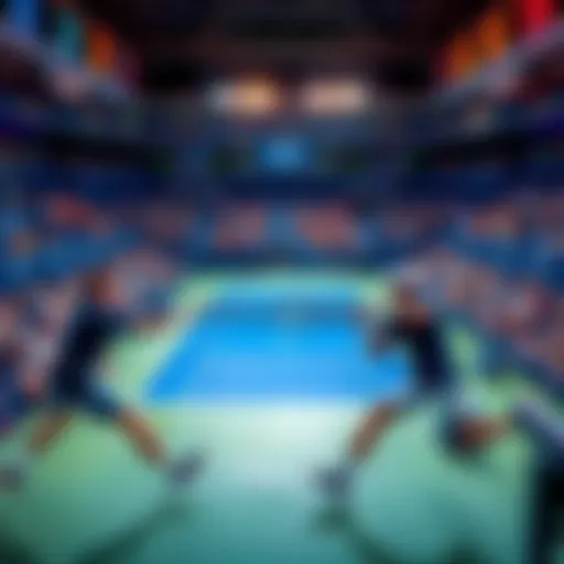 Tennis players competing at the US Open with spectators in the background