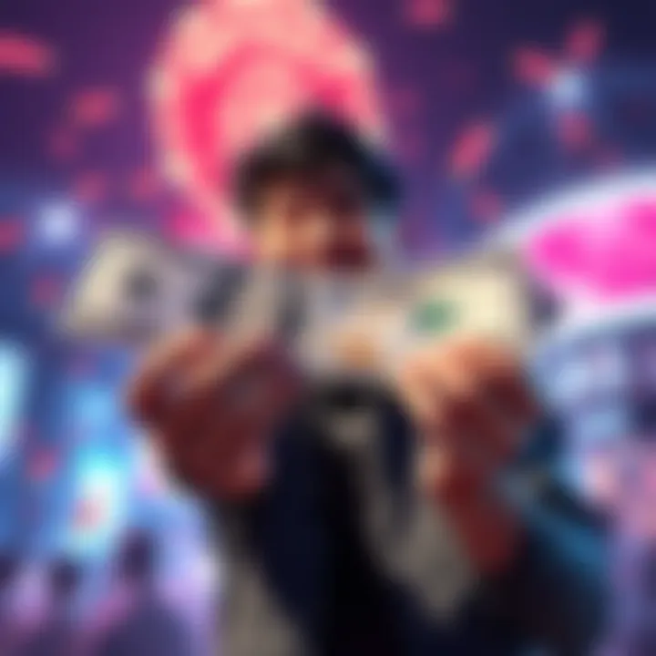 A happy person holding a large cash amount with a dollar code nearby
