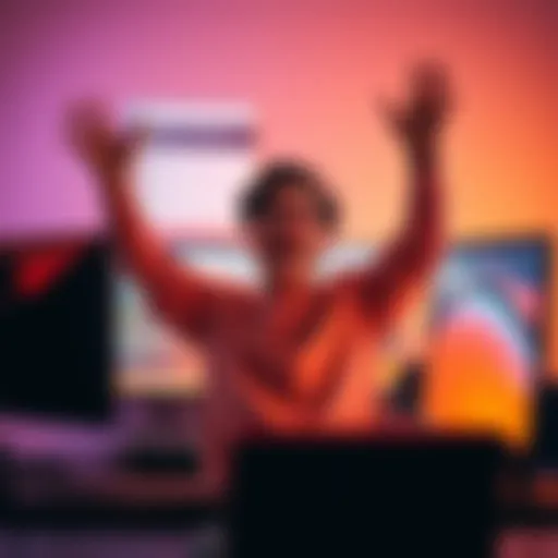 A person excitedly celebrating in front of a computer, with a chat window showing support interactions, symbolizing user feedback leading to a product update.