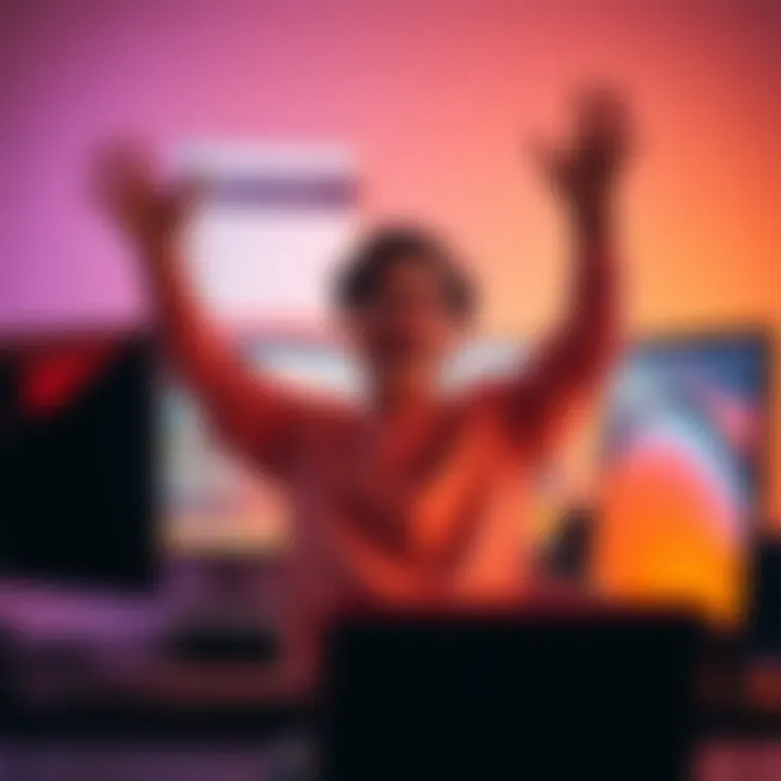 User celebrating update release A person excitedly celebrating in front of a computer, with a chat window showing support interactions, symbolizing user feedback leading to a product update.