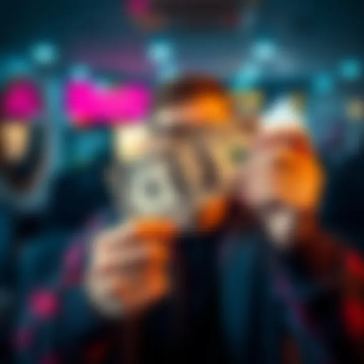 A person excitedly holding a dollar bill, symbolizing their recent investment of $165 and their hopes for wealth coming soon.