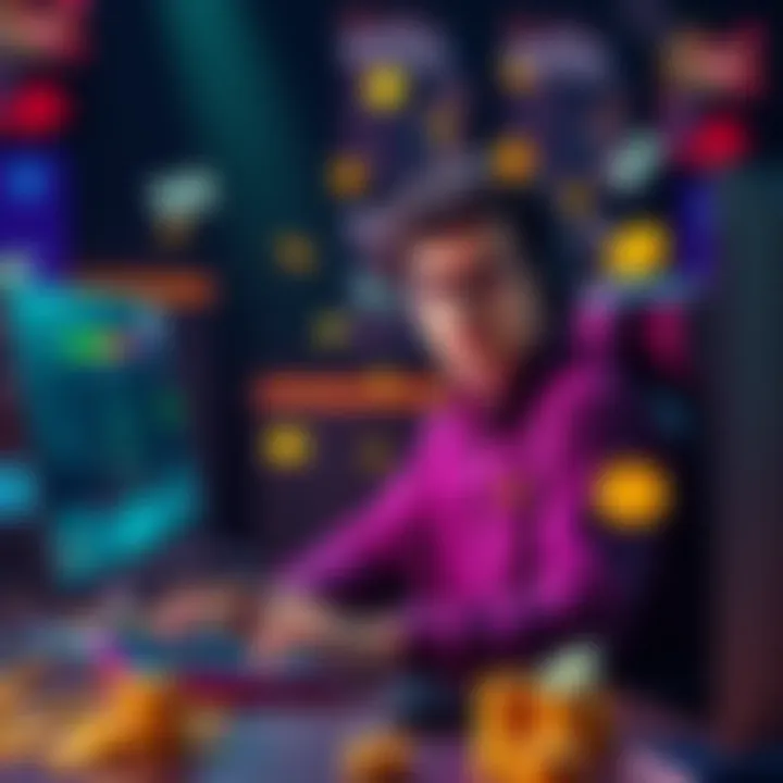 Using Bonus Funds for Gaming A person sitting at a computer with gaming icons and cash visuals around them, planning to use bonus funds for gaming experiences.