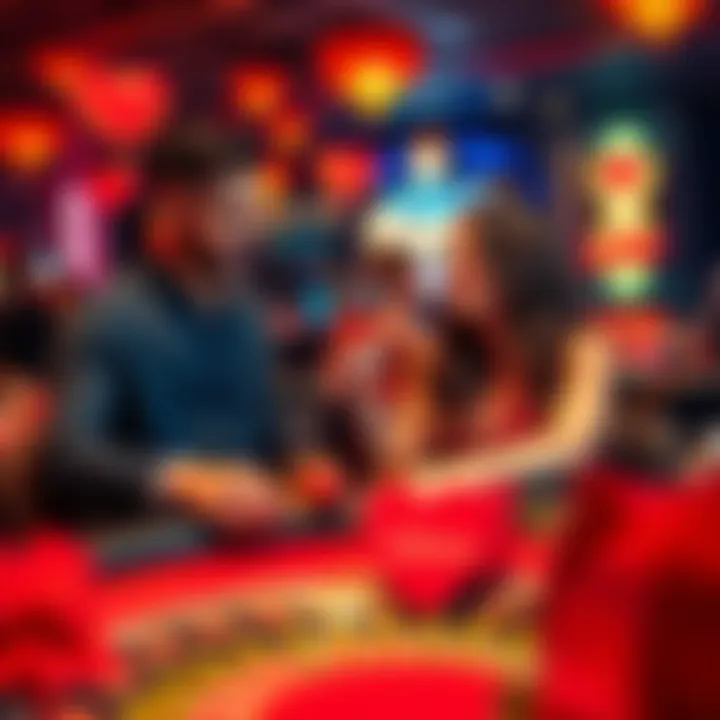 A lively scene at Greeky88 with couples playing blackjack and roulette, celebrating love and wins on Valentine's Day.