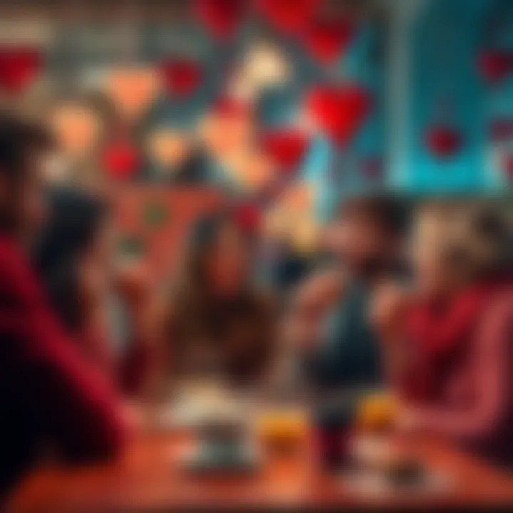 A group of people chatting enthusiastically about Valentine's Day rumors over coffee, with heart-shaped decorations in the background.