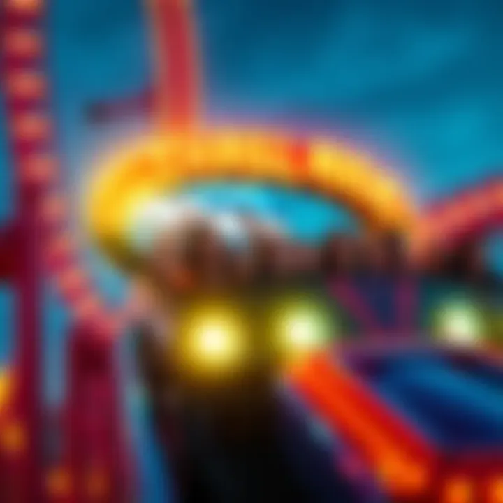 A roller coaster with bright colors and excited riders screaming as they experience a thrilling drop.
