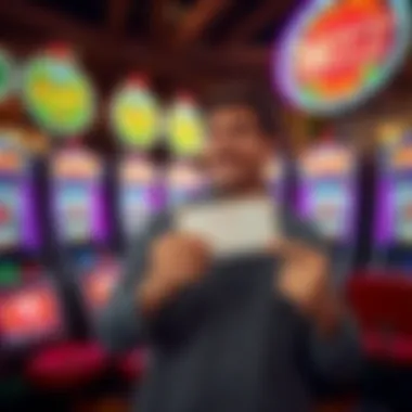 Vegas Matt with Casino Slot Machines Vegas Matt stands in front of a row of brightly lit casino slot machines, holding a big winning ticket, with a look of excitement on his face.