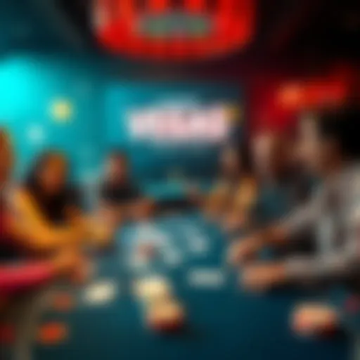 Friends engaged in a lively game of Vega$ 3 poker, showcasing cards and community elements on the table