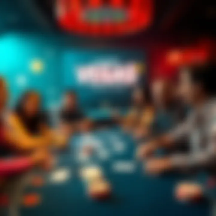 Friends engaged in a lively game of Vega$ 3 poker, showcasing cards and community elements on the table