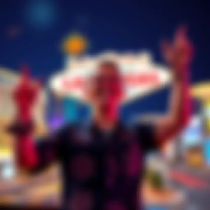 A person joyfully celebrating a victory in Las Vegas with casino chips and a bright city skyline in the background