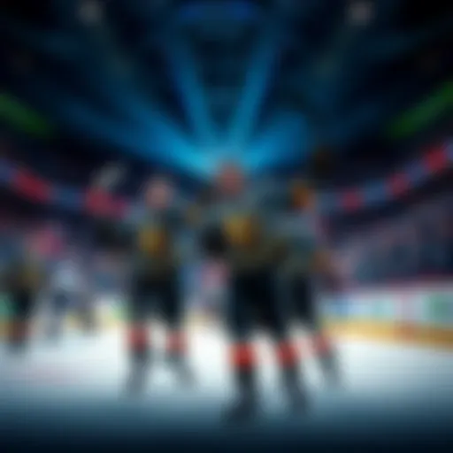 Vegas Golden Knights players celebrating a thrilling comeback during a hockey game, fans cheering wildly in the background
