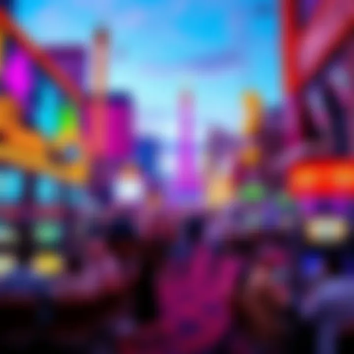 A vibrant scene of the Las Vegas Strip with bright lights, people enjoying games at a casino, and iconic landmarks in the background.