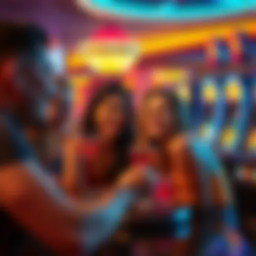 A group of friends enjoying a night out in Las Vegas with drinks and slot machines in the background