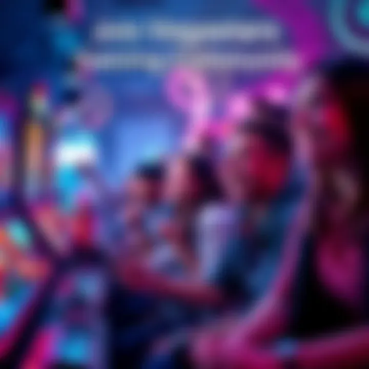 Join Vegastars Gaming Community A vibrant scene of people enjoying various gaming experiences at Vegastars, showcasing excitement and interaction, with visuals of gaming screens and joyful expressions.