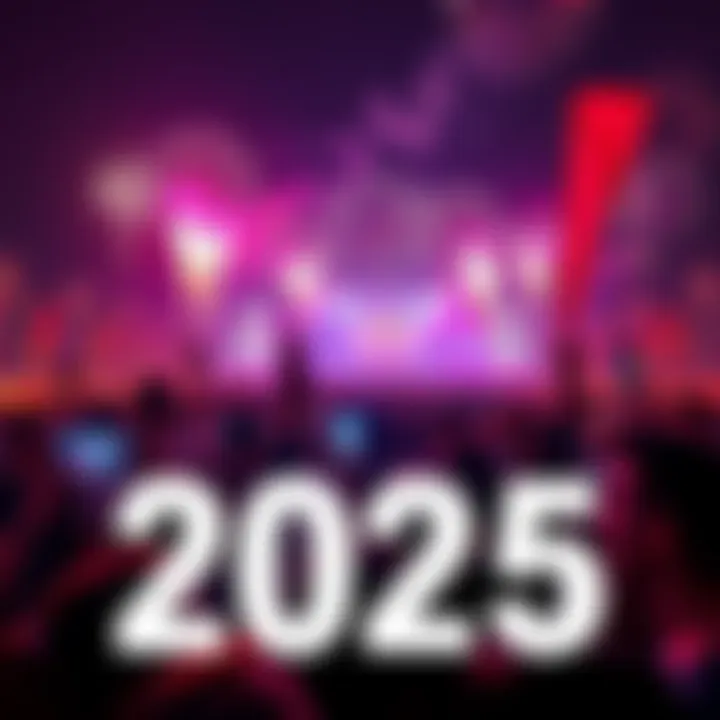 A lively crowd celebrating exciting events in 2025, with fireworks and colorful banners in the background.
