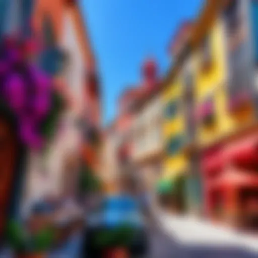 A colorful street scene in Spain showcasing traditional architecture, vibrant flowers, and people enjoying outdoor cafes.