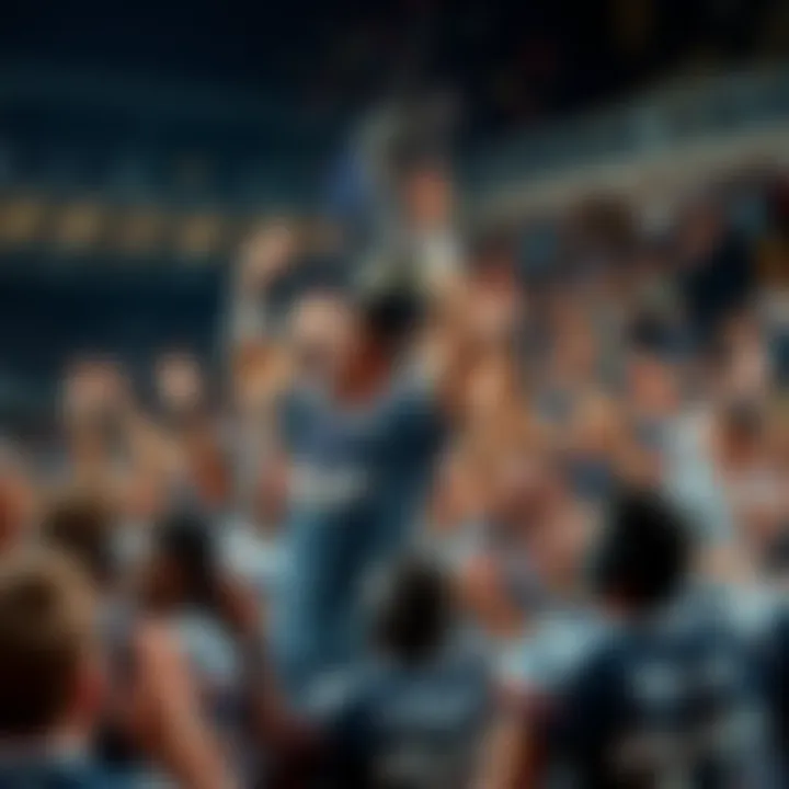 A sports team celebrating a recent victory, cheering and holding a trophy in the air, with fans in the background.