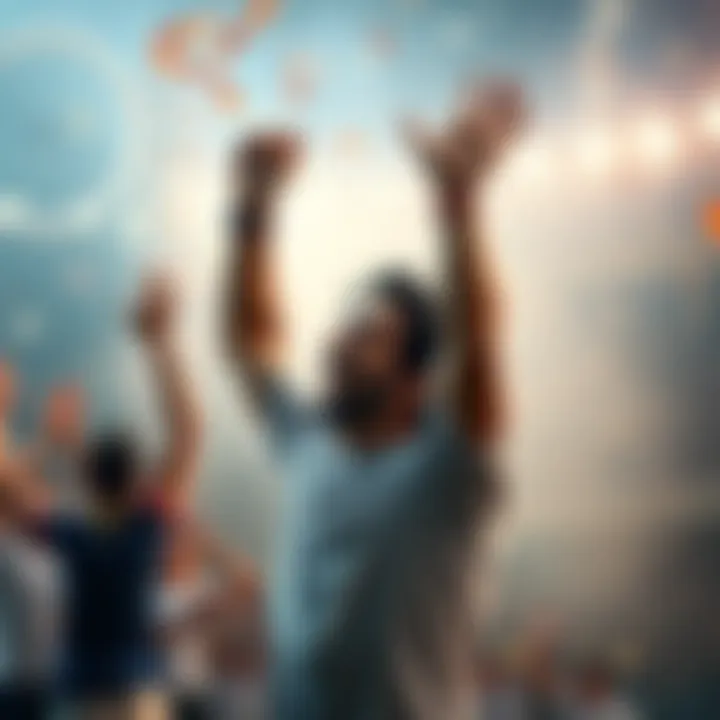 Victory Celebration A person celebrating after winning, showing joy and relief, with arms raised in the air.