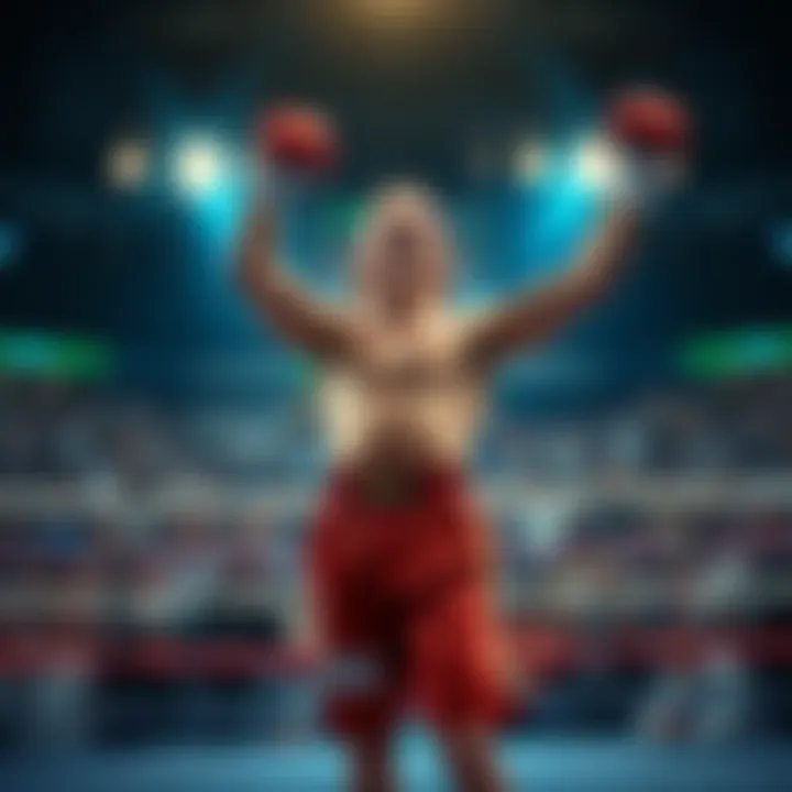 A fighter celebrating after winning a match, showing determination and strength in the ring, with the crowd cheering in the background.