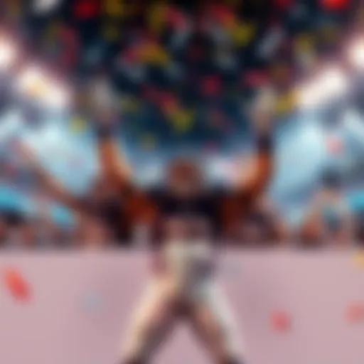People celebrating a big win in a sports-like setting, with confetti and excited expressions