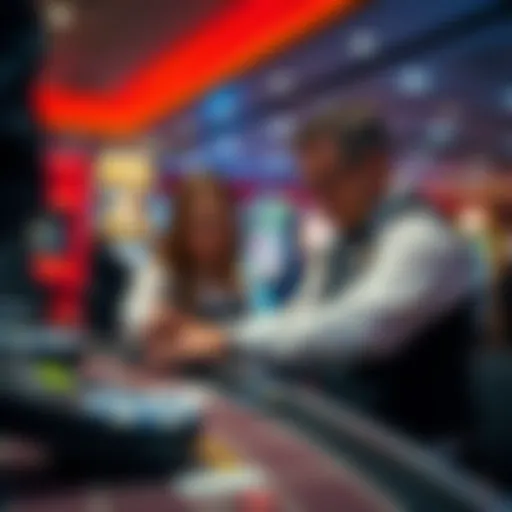 A friendly VIP host assisting a gambler at a casino table, showcasing personalized service.