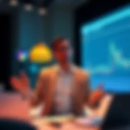 A VIP host confidently presenting monthly drop data in a professional setting