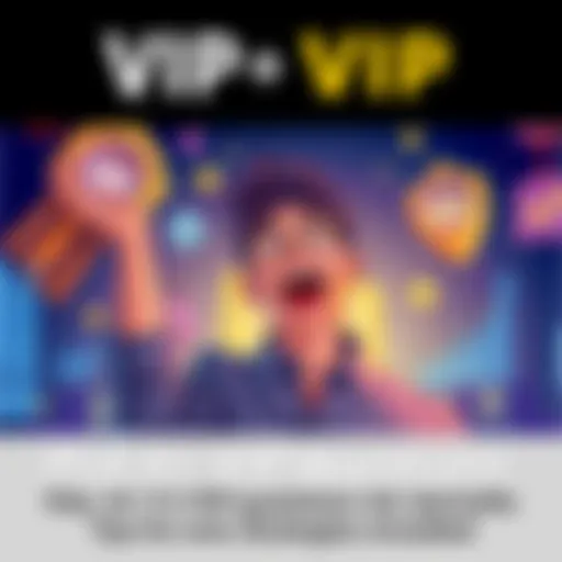An illustration showing a person excited about VIP perks and benefits, with icons representing reload options, performance charts, and lossback rewards in the background.