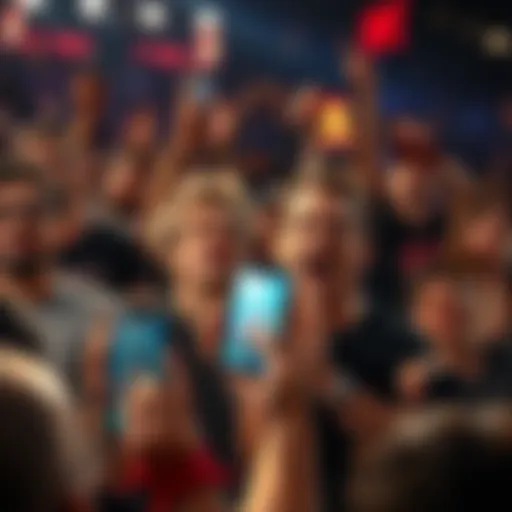 A crowd of excited fans reacting to a viral UFC fight clip on their phones, showing mixed emotions of surprise and thrill.