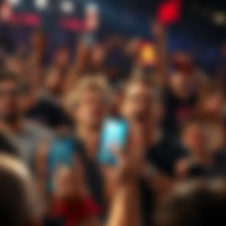 A crowd of excited fans reacting to a viral UFC fight clip on their phones, showing mixed emotions of surprise and thrill.