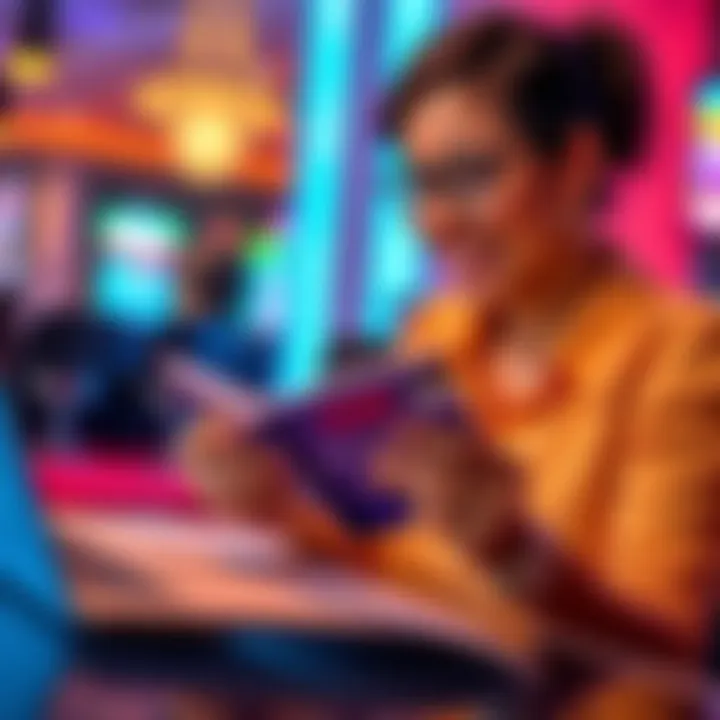 A person holding a non-bet MGM gift card with a guidebook and laptop open, smiling while reading about gift card deposits in Virginia.