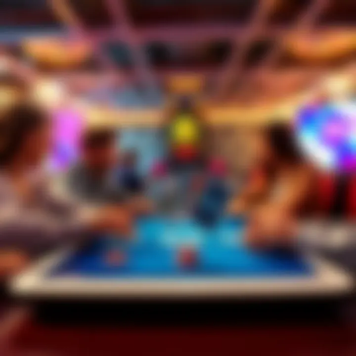 A virtual poker game interface showing community cards and chip tracking features on a tablet, with friends gathered around, ready to play.