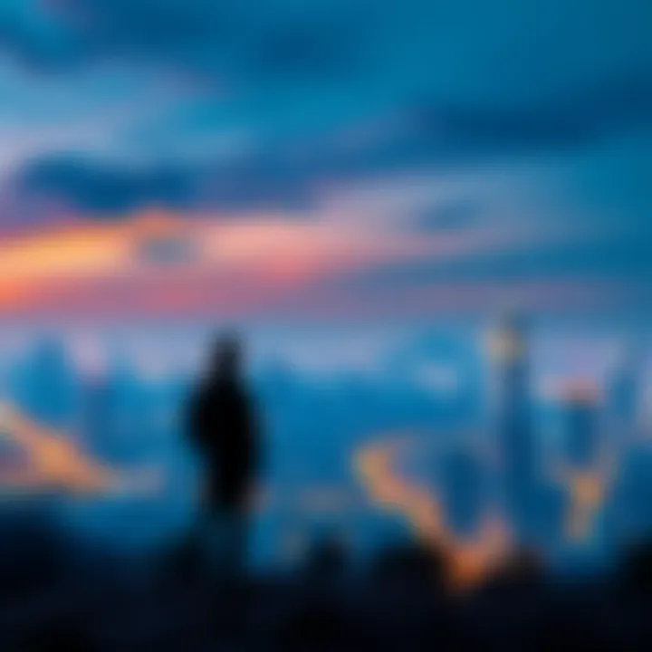 Visionary Thinker Overlooking a Cityscape A person standing on a hilltop, gazing at a city skyline, symbolizing visionary thinking about the future.