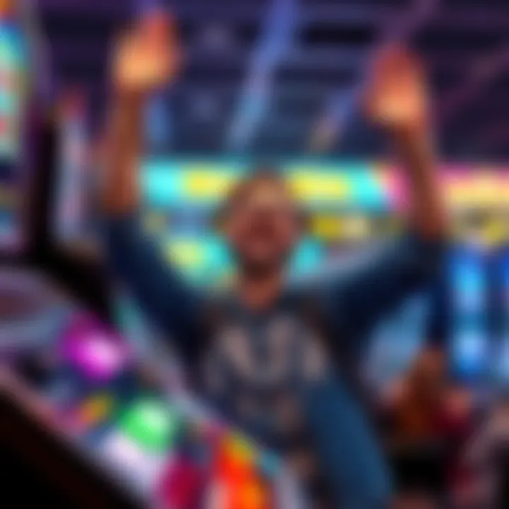 Visitor celebrating slot machine win A happy traveler at LAS excitedly cheering after winning on a slot machine right before their flight.