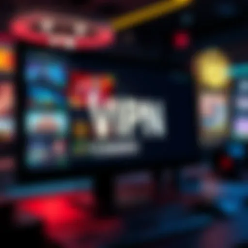 A computer screen displaying various online casino games with a VPN symbol in the corner.